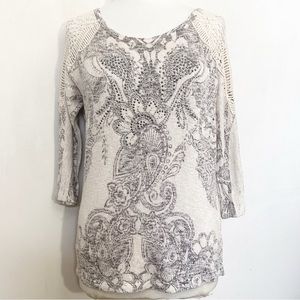 DAYTRIP Women's Cream and Gray Patterned Sweater Top Crochet Shoulder M